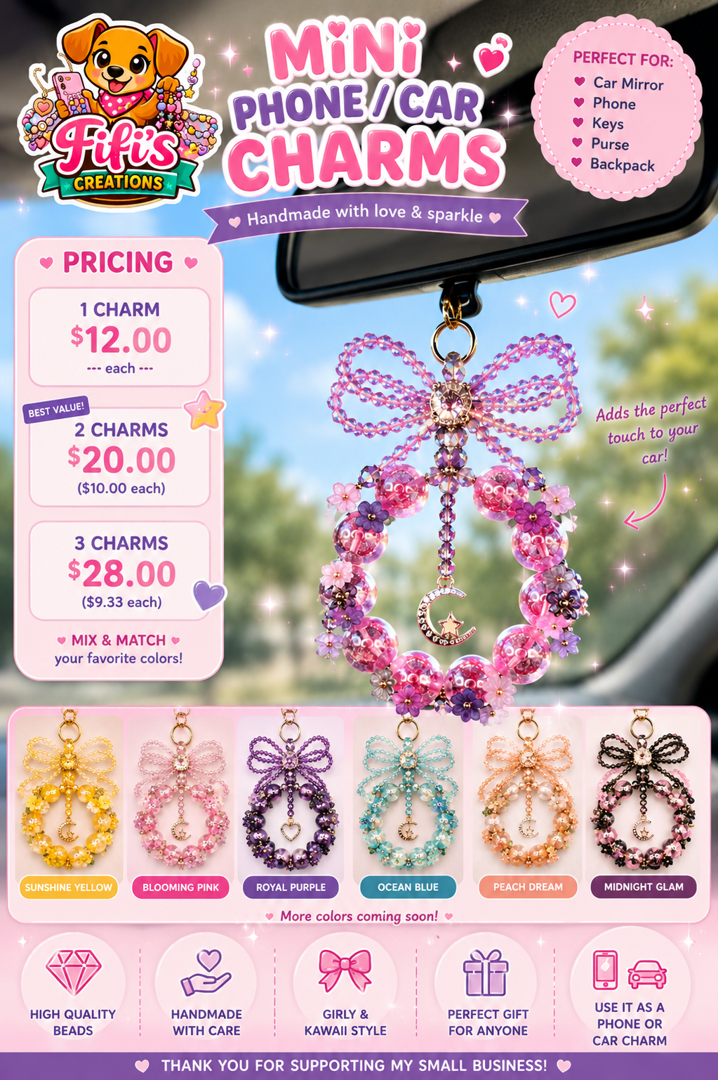 Handmade Beaded Car Mirror Charm| Kawaii Phone Charm | Purse Charm