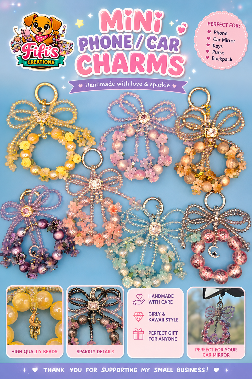 Handmade Beaded Car Mirror Charm| Kawaii Phone Charm | Purse Charm